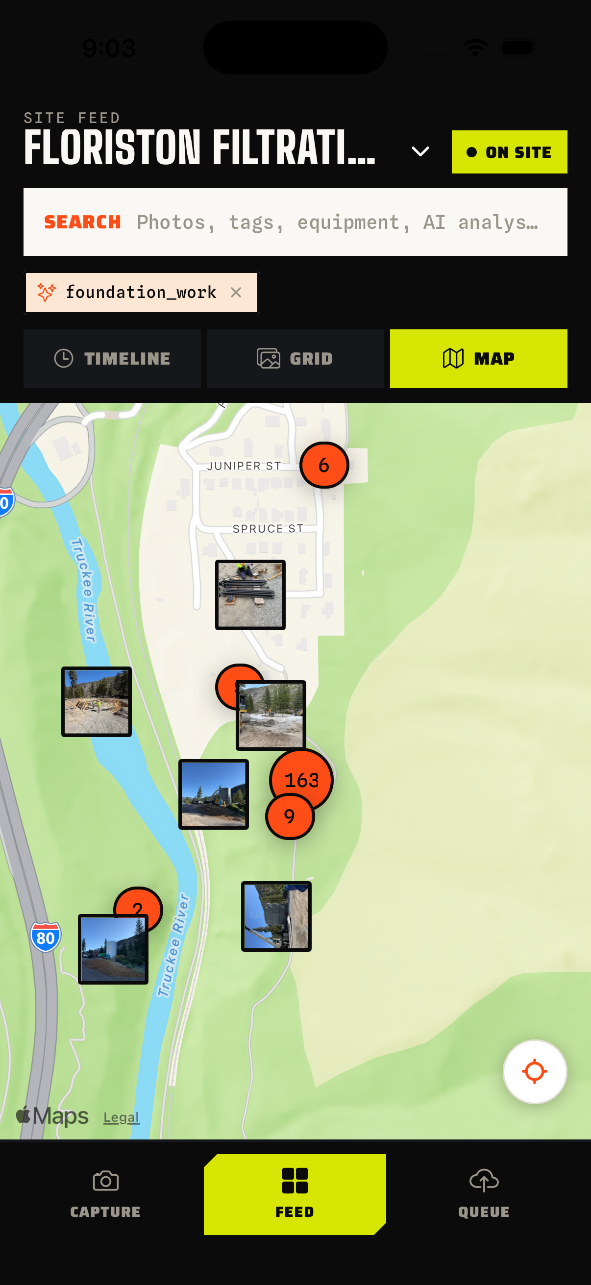Ditch Mobile map view with clustered jobsite photos