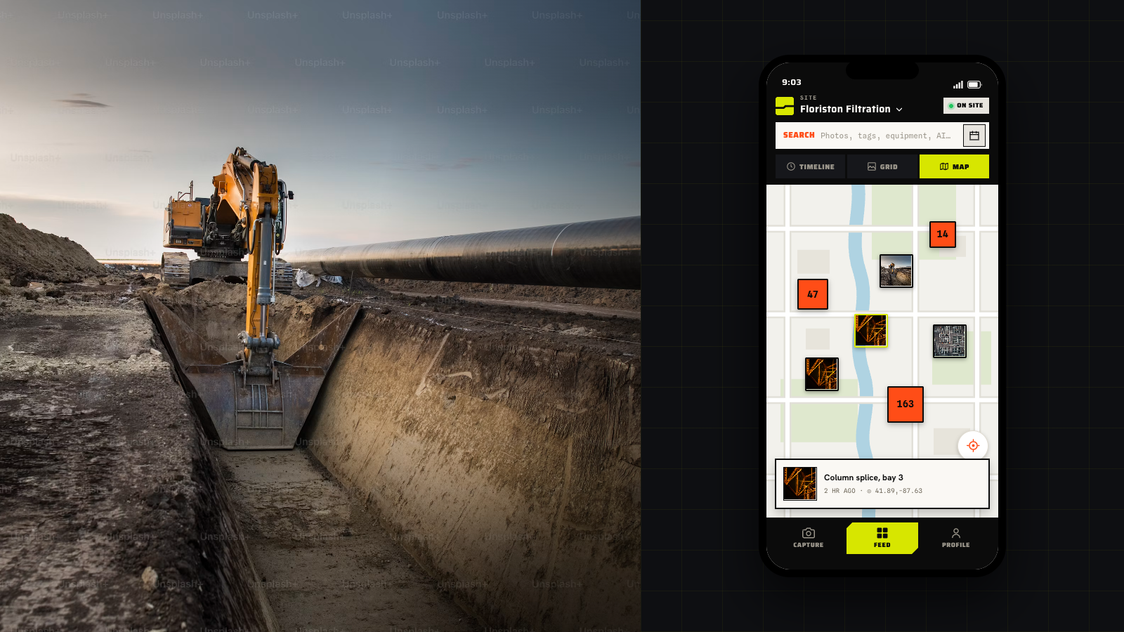 Jobsite map with recent field photos